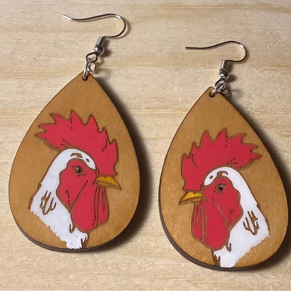 Hand Painted White Wood Rooster Chicken Dangle Earrings